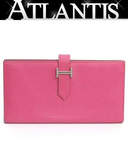 HERMES Beant Soufflé Chevre Fuchsia Pink Long Wallet Size ONE SIZE