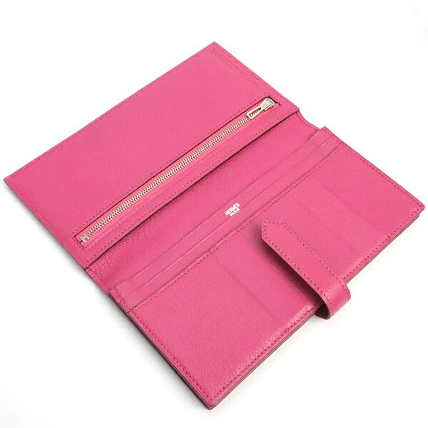 HERMES Beant Soufflé Chevre Fuchsia Pink Long Wallet Size ONE SIZE
