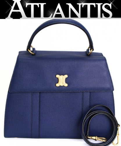 CELINE Vintage Triomphe Leather 2-Way Bag Blue Size ONE SIZE