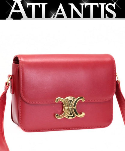 CELINE Teen Triomphe Shiny Calfskin Bag Red Size ONE SIZE