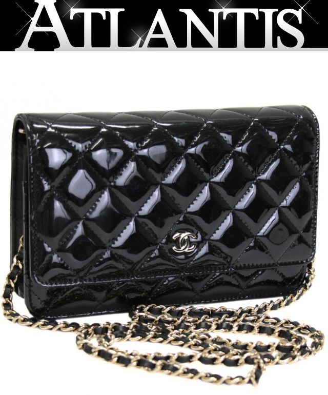 CHANEL Matelassé Patent Chain Wallet Black Size ONE SIZE