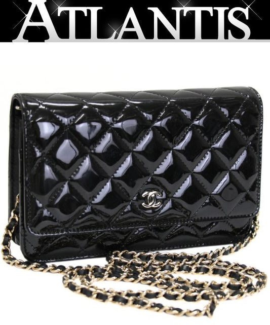 CHANEL Matelassé Patent Chain Wallet Black Size ONE SIZE