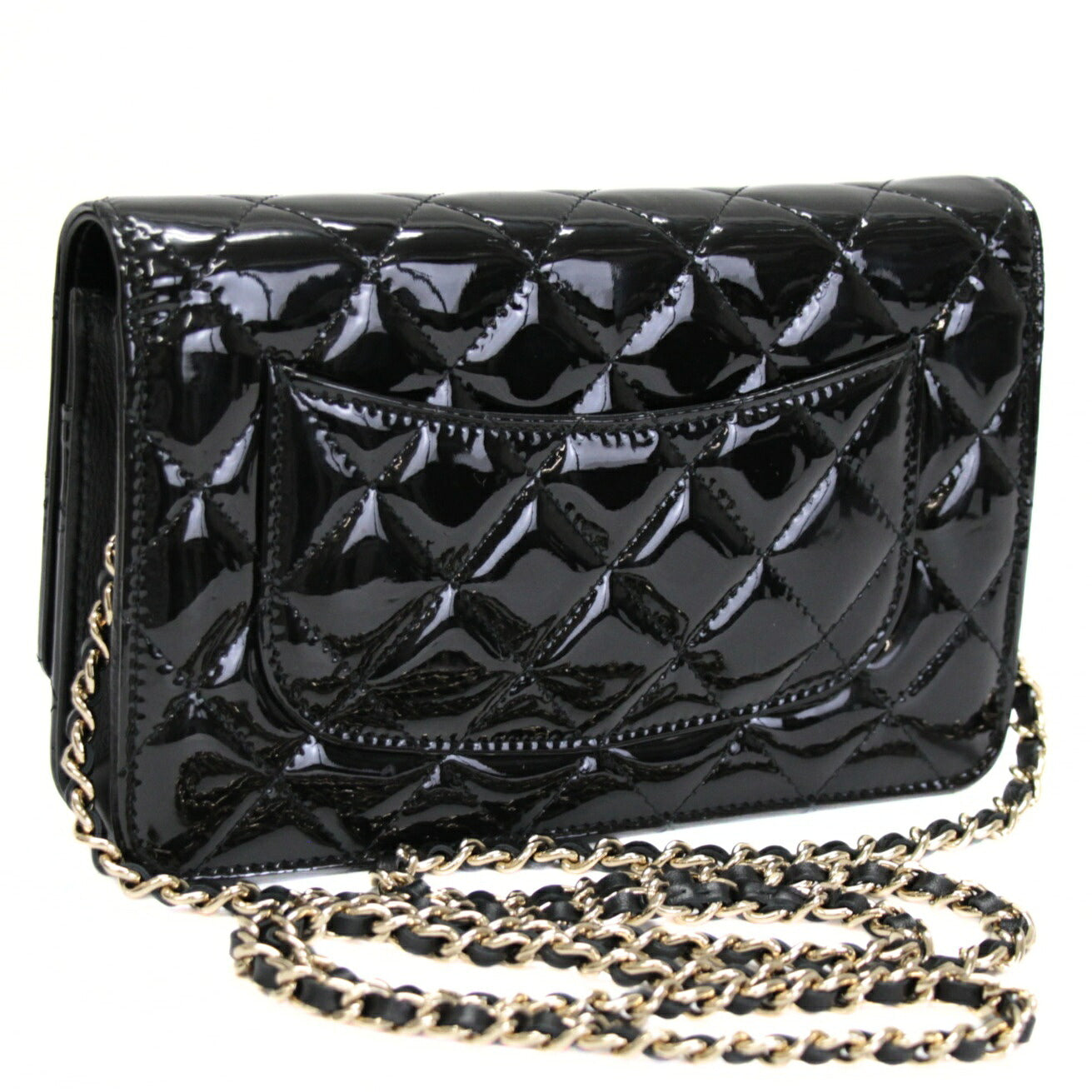 CHANEL Matelassé Patent Chain Wallet Black Size ONE SIZE