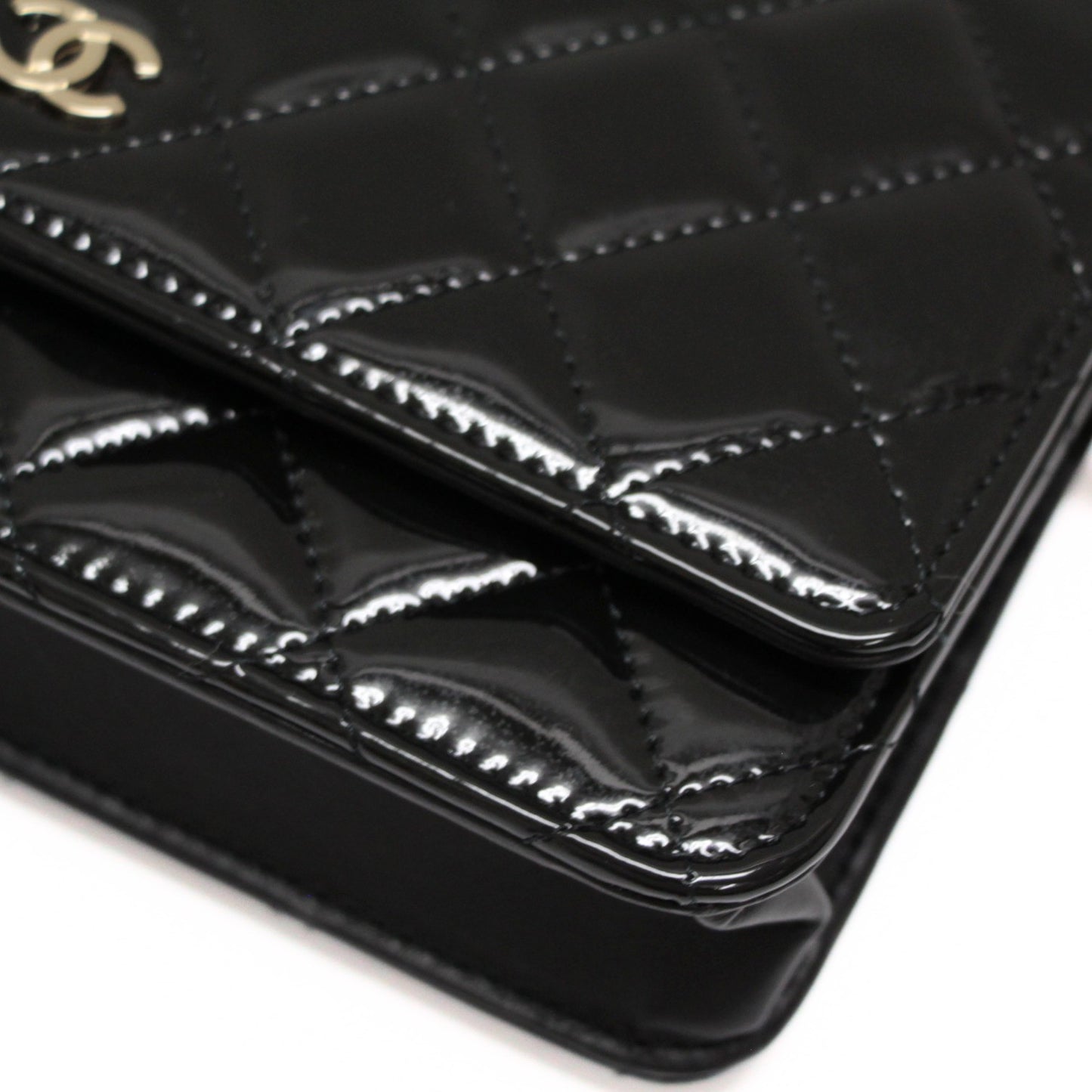 CHANEL Matelassé Patent Chain Wallet Black Size ONE SIZE