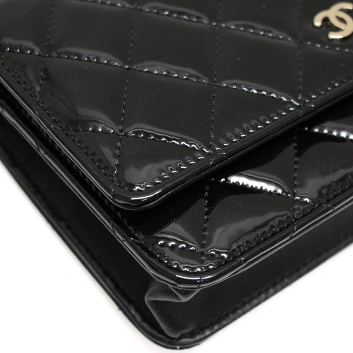 CHANEL Matelassé Patent Chain Wallet Black Size ONE SIZE