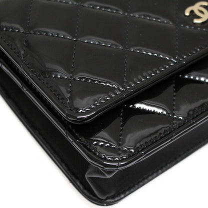 CHANEL Matelassé Patent Chain Wallet Black Size ONE SIZE