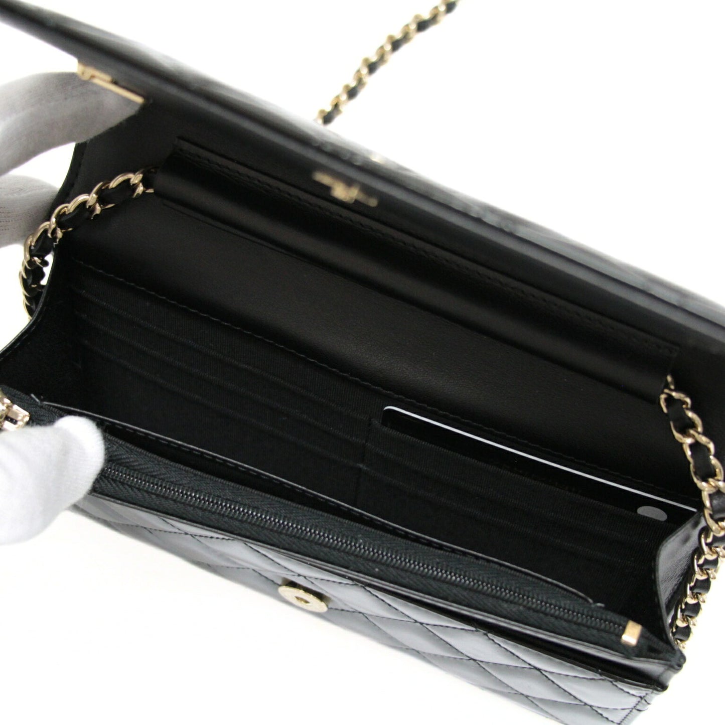 CHANEL Matelassé Patent Chain Wallet Black Size ONE SIZE