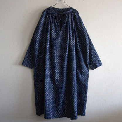 45R Lapis Indigo Dot Print Cotton Smock Dress Size ONE SIZE