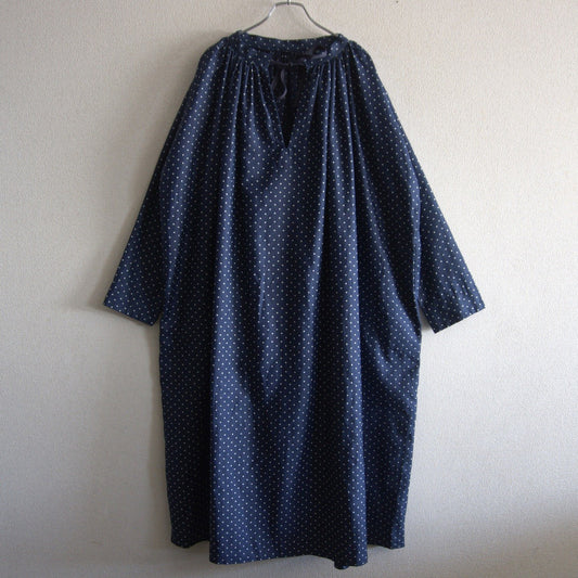 45R Lapis Indigo Dot Print Cotton Smock Dress Size ONE SIZE