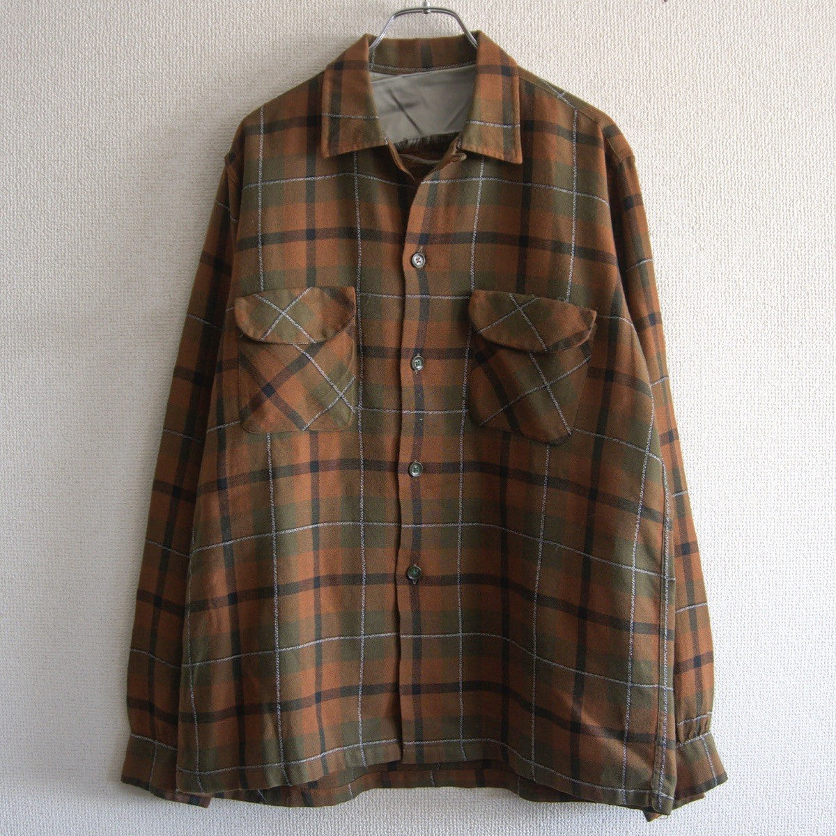 60s Vintage shirt 60s Plaid camp shirt Brown Size M