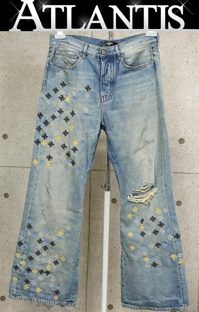 AMIRI Logo Embroidered Distressed Flare Denim Blue Size 32