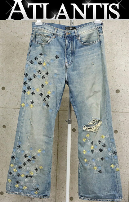 AMIRI Logo Embroidered Distressed Flare Denim Blue Size 32
