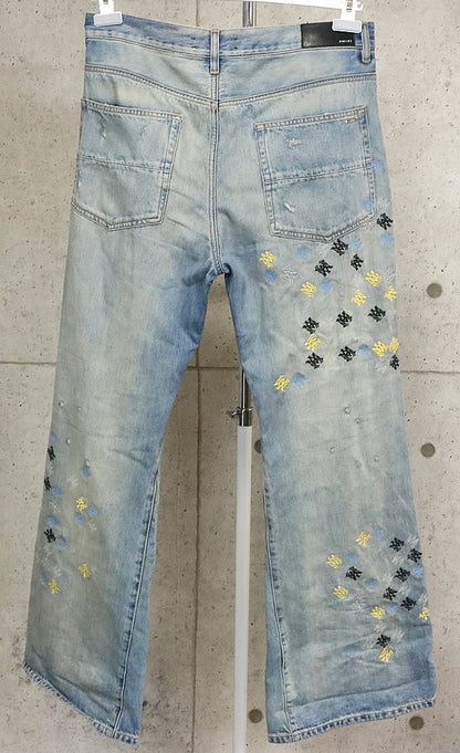 AMIRI Logo Embroidered Distressed Flare Denim Blue Size 32