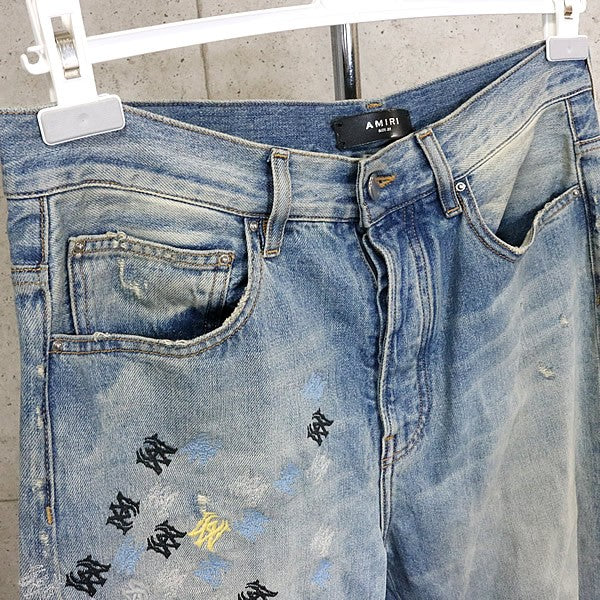 AMIRI Logo Embroidered Distressed Flare Denim Blue Size 32