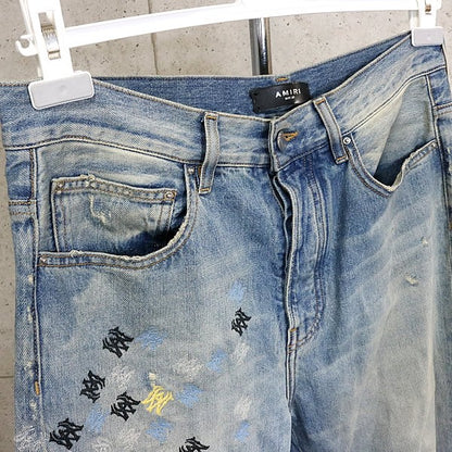 AMIRI Logo Embroidered Distressed Flare Denim Blue Size 32