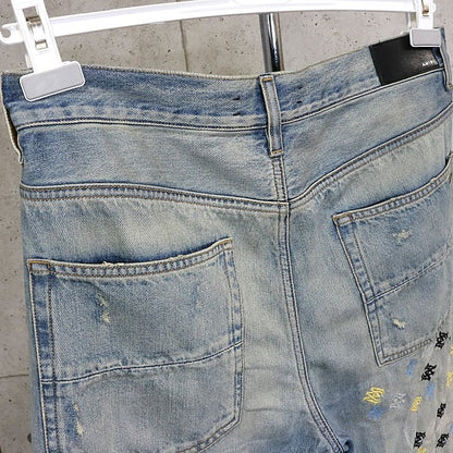 AMIRI Logo Embroidered Distressed Flare Denim Blue Size 32