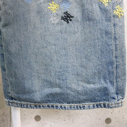 AMIRI Logo Embroidered Distressed Flare Denim Blue Size 32