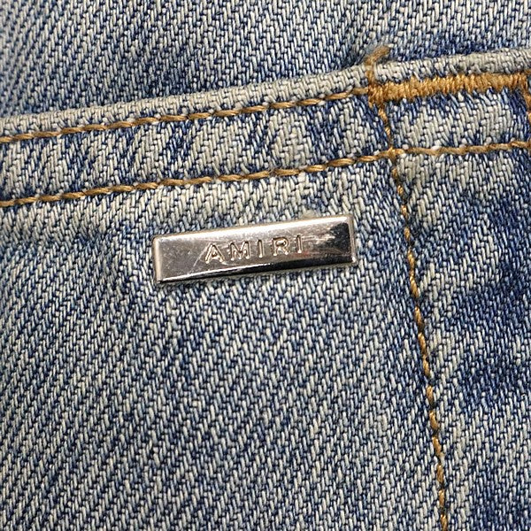 AMIRI Logo Embroidered Distressed Flare Denim Blue Size 32