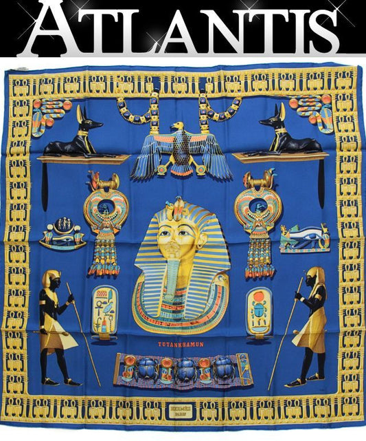 HERMES Tutankhamun Carré 90 Silk Scarf Blue Size ONE SIZE