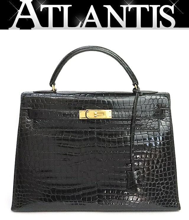 HERMES 1986 Kelly 32 Croco Porosus Handbag Black GHW Polo