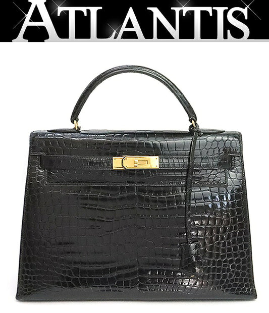 HERMES 1986 Kelly 32 Croco Porosus Handbag Black GHW Polo