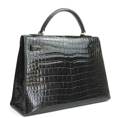 HERMES 1986 Kelly 32 Croco Porosus Handbag Black GHW Polo