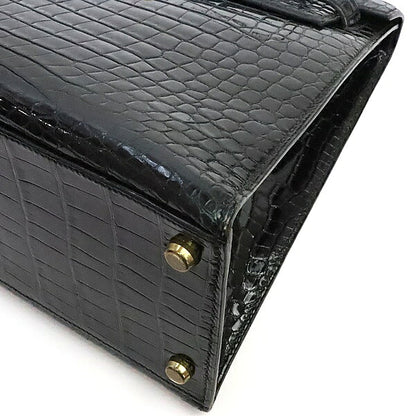 HERMES 1986 Kelly 32 Croco Porosus Handbag Black GHW Polo