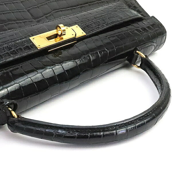 HERMES 1986 Kelly 32 Croco Porosus Handbag Black GHW Polo