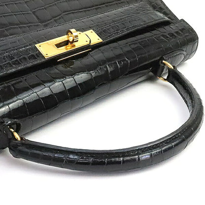 HERMES 1986 Kelly 32 Croco Porosus Handbag Black GHW Polo