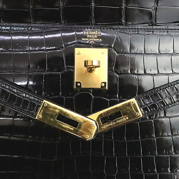 HERMES 1986 Kelly 32 Croco Porosus Handbag Black GHW Polo