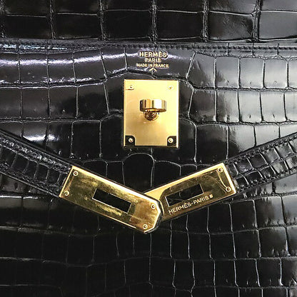 HERMES 1986 Kelly 32 Croco Porosus Handbag Black GHW Polo