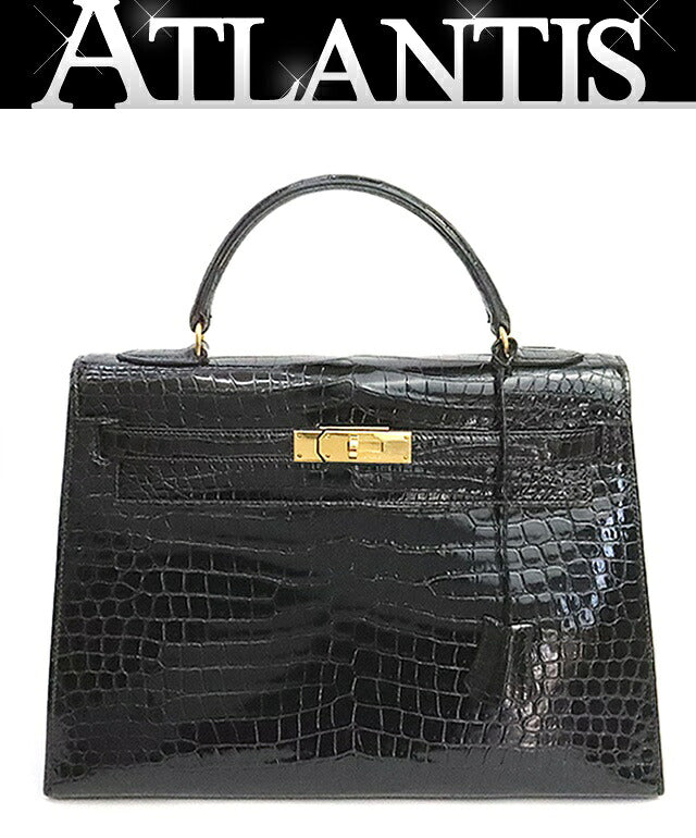 HERMES Kelly 32 Crocodile Porosus Gold H/W Bag Black