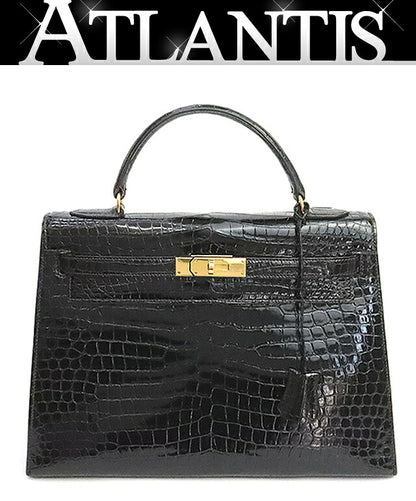 HERMES Kelly 32 Crocodile Porosus Gold H/W Bag Black