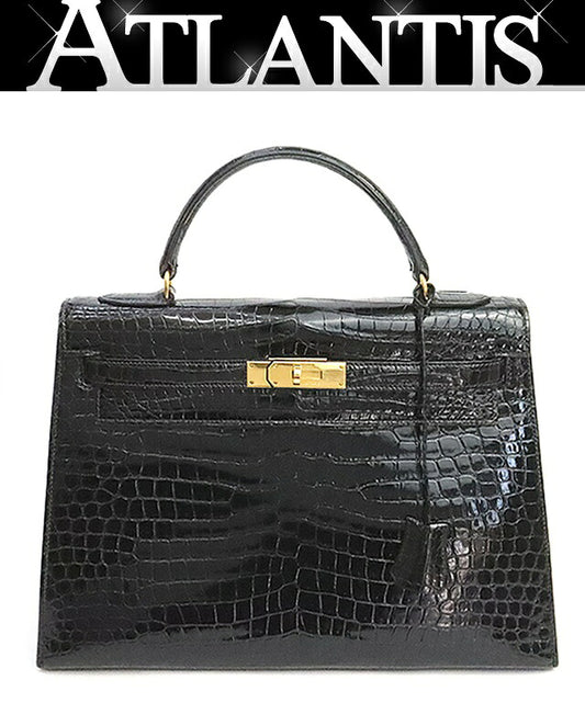 HERMES Kelly 32 Crocodile Porosus Gold H/W Bag Black