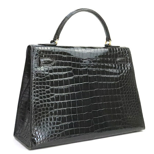 HERMES Kelly 32 Crocodile Porosus Gold H/W Bag Black