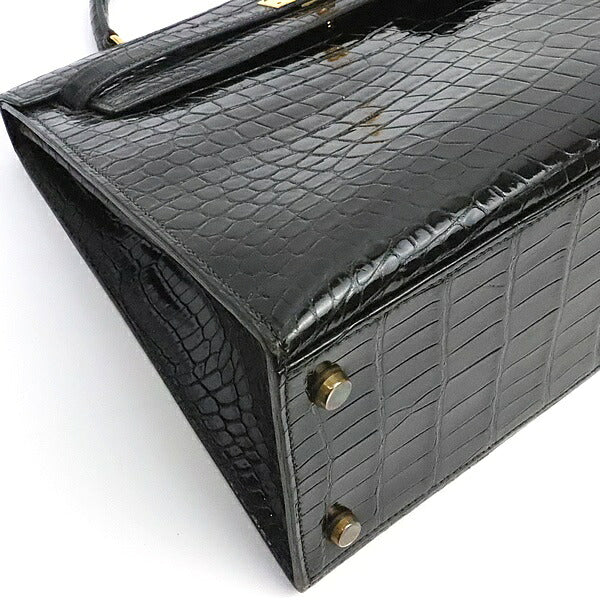HERMES Kelly 32 Crocodile Porosus Gold H/W Bag Black