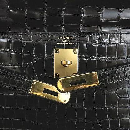 HERMES Kelly 32 Crocodile Porosus Gold H/W Bag Black