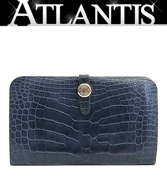 HERMES Dogon GM Crocodile Alligator Blue SVHW Belt Size ONE SIZE