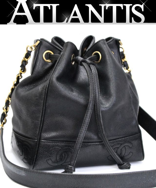 CHANEL Coco Mark Drawstring Caviar Bag Black Size ONE SIZE