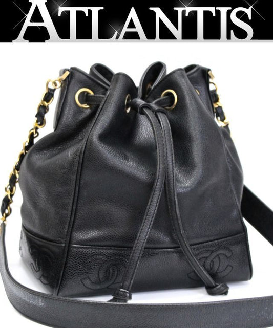 CHANEL Coco Mark Drawstring Caviar Bag Black Size ONE SIZE