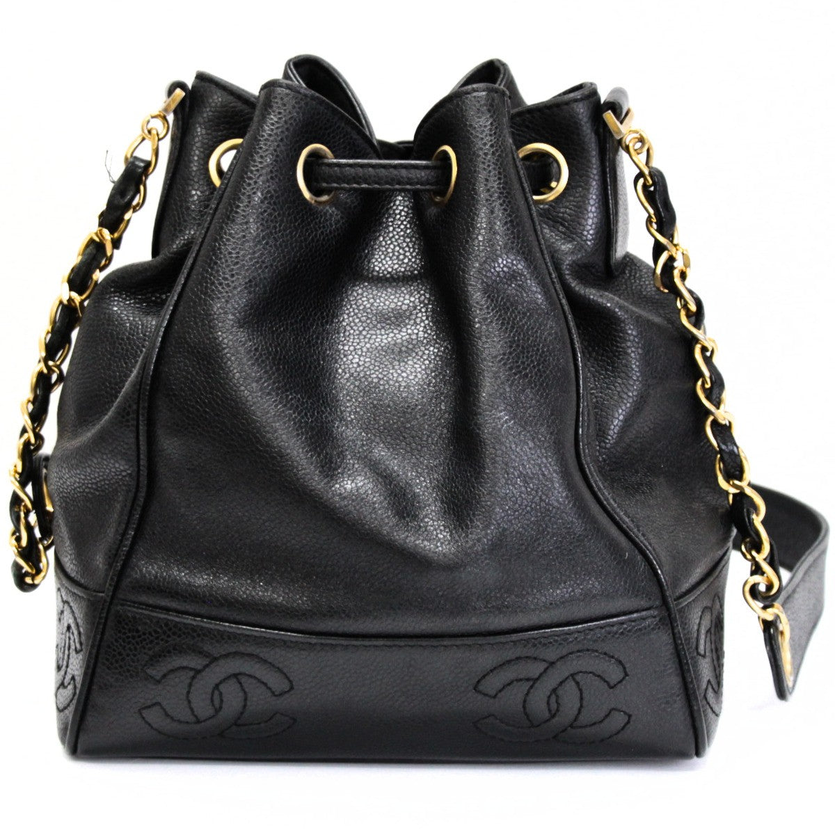 CHANEL Coco Mark Drawstring Caviar Bag Black Size ONE SIZE