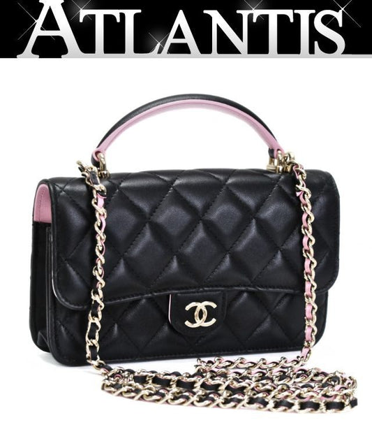 CHANEL Matelasse Top Handle Chain Black Pink Wallet Size ONE SIZE