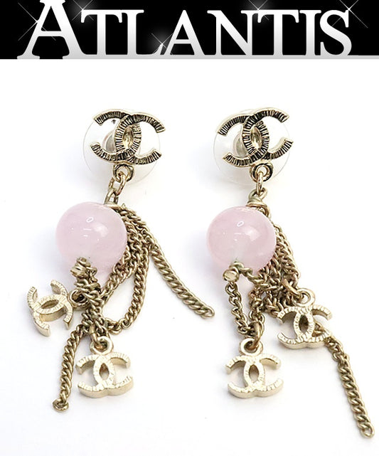 CHANEL CC Metal Color Stone Drop Earrings Pink Size ONE SIZE