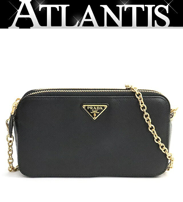 PRADA Saffiano Double Zip Chain Bag Black Size ONE SIZE