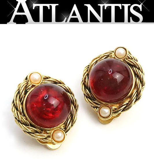 CHANEL Vintage Gripoix Faux Pearl Gold Red Earrings