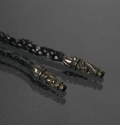 CHROME HEARTS Scroll Bolo Tip Leather Braid Necklace Silver