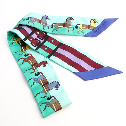 HERMES Twilly Horse Pattern Silk Scarf Green Size ONE SIZE