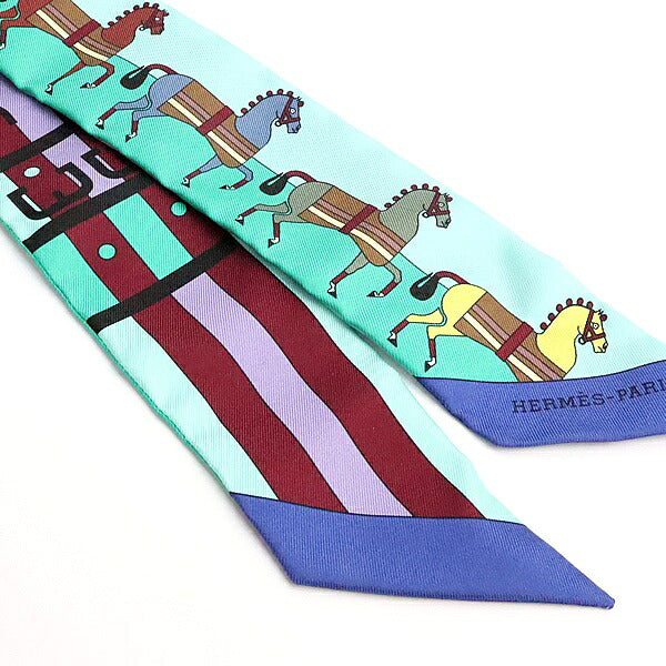 HERMES Twilly Horse Pattern Silk Scarf Green Size ONE SIZE