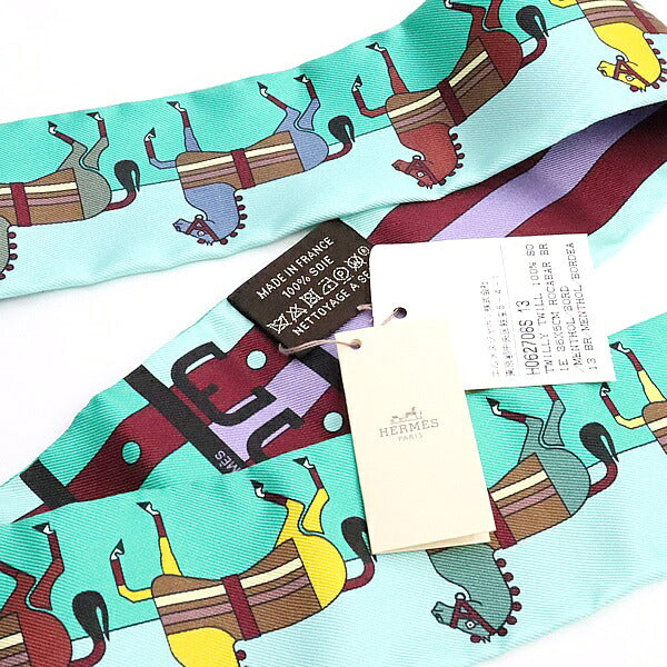 HERMES Twilly Horse Pattern Silk Scarf Green Size ONE SIZE