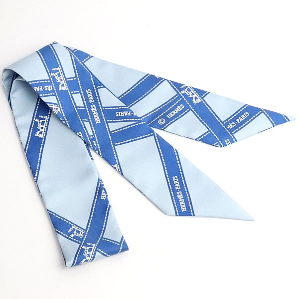 HERMES Twilly Bolduc Pattern Silk Scarf Blue Size ONE SIZE